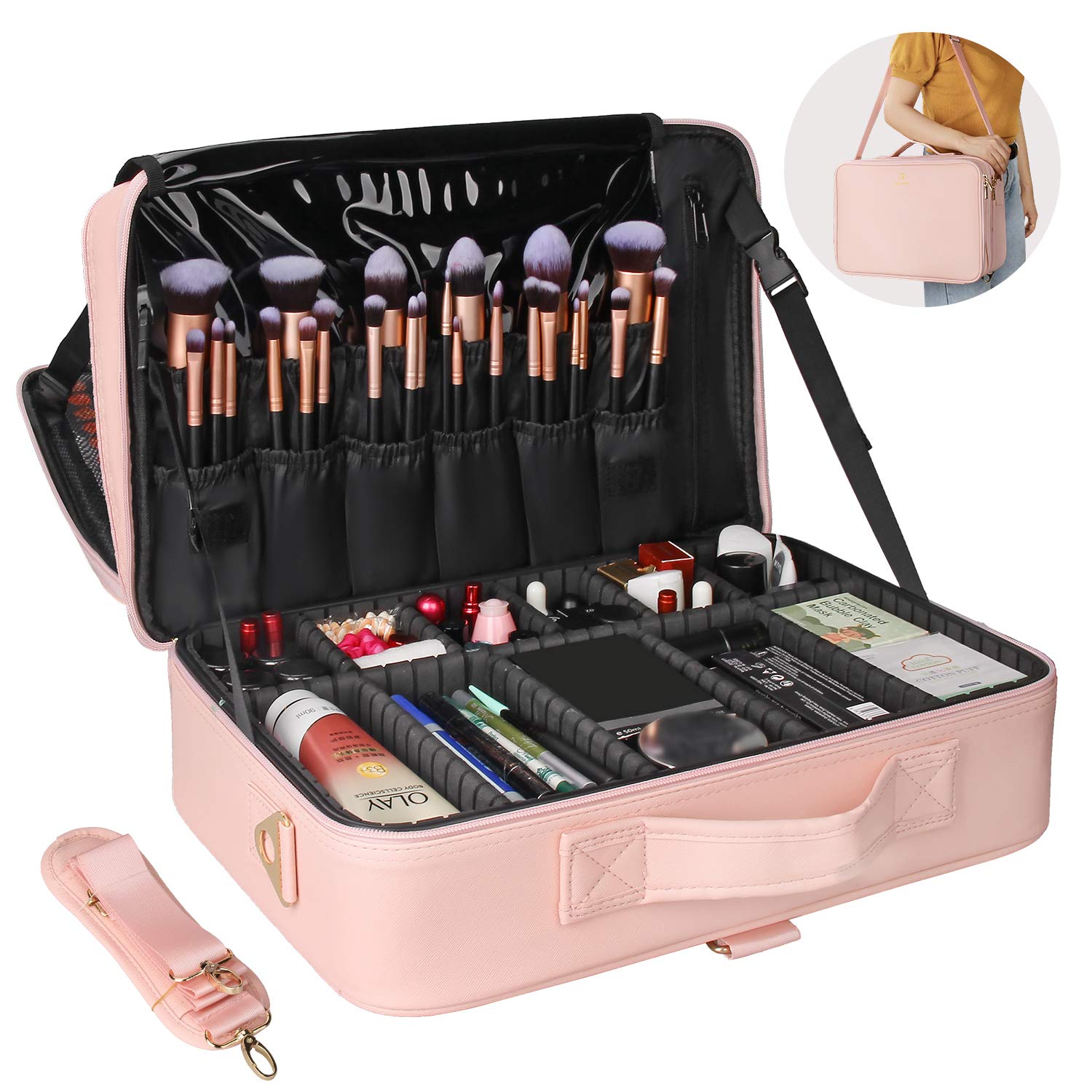 Relavel Travel Makeup Train Case Makeup Cosmetic Case Organizer Portable Artist Storage Bag with Adjustable Dividers for Cosmetics Makeup Brushes T...