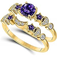 14k Yellow gold finish 2 carat Round Amethyst and CZ Diamond Wedding Bridal Ring for Womens