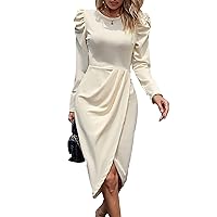 Women's Ruched Bodycon Dress Long Sleeve Front Drape Patchwork Dress Casual Crew Neck Midi Cocktail Dress