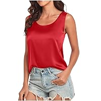 Womens Silk Satin Tank Tops Summer Tank Shirt Scoop Neck Sleeveless Blouse Camisole Solid Casual Loose Fit Tunic Top