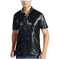 Men's 70S Disco Sequins Tee Shirts Short Sleeve Button Down T-Shirts Summer Party Leisure Tank Tops Fashion