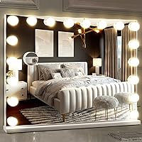 Hollywood Vanity Mirror with 18 Bulbs Lights, Large Lighted Makeup Mirror for Desk and Wall, Dimmable 3 Lighting Modes, Plug-in & USB Charger Port, White
