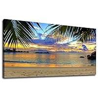 Canvas Wall Art Tropic Beach Sunset Palm Tree Leaves Large Nature Canvas Pictures Coast Landscape Canvas Artwork Seascape Ocean Contemporary Wall Art for Living Room Home Office Wall Decor 30