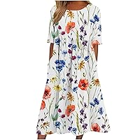 Womens Bohemian Floral Print Short Sleeve Maxi Dress Summer Casual Loose Fit Flowy Babydoll Shirt Dress with Pockets