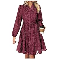 Fall Winter Long Sleeve Lace Dress for Women Party,Trendy Button Down Sexy Elegant Formal Smocked Flowy Midi Dress