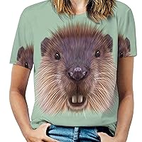 Portrait of Beaver Women's Print Shirt Summer Tops Short Sleeve Crewneck Graphic T-Shirt Blouses Tunic