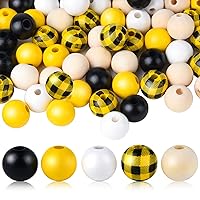 FEPITO 150 Pcs Bee Craft Wood Beads 16mm Plaid Wood Beads Spring Summer Wood Beads Yellow Farmhouse Beads for Fall Thanksgiving DIY Craft Supplies and Decoration Home