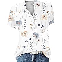 Women's Blouses Pullover Round Neck Loose Print Button Shirt Casual Versatile Top Short Sleeve Blouses, S-2XL