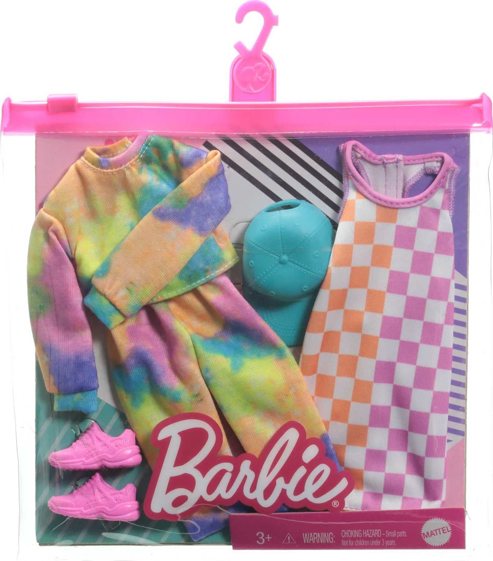 Barbie Fashions 2-Pack Clothing Set, 2 Outfits Doll Include Tie-Dye Joggers & Sweatshirt, Checked Dress, Blue Cap & Pink Sneakers, Gift for Kids 3 to 8 Years Old