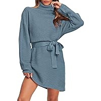 Pink Queen Women's 2023 Fall Sweater Dresses Turtleneck Batwing Long Sleeve Ribbed Knit Mini Short Dress with Belt