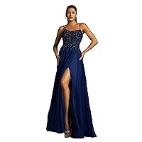 Women's Elegant Spaghetti Straps Tulle & Sequin Maxi Formal Dress, A-Line Bandage Split Thigh Evening Gown