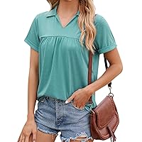Ruched Tops for Women 2024 Summer Solid Color Fashion Casual Patchwork with Short Sleeve Lapel Collar Shirts