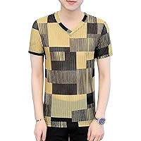 Mens Color Block Striped T-Shirts Crochet Mesh V Neck Short Sleeve Retro Distressed Leopard Print Tee Top