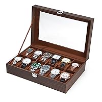 Ohuhu Watch Case, 12 Slot Wood Grain PU Leather Watch box Real Glass Lid Jewelry Organizer Storage - Soft velvet Watch Display Case for Men and Women Birthday Gifts