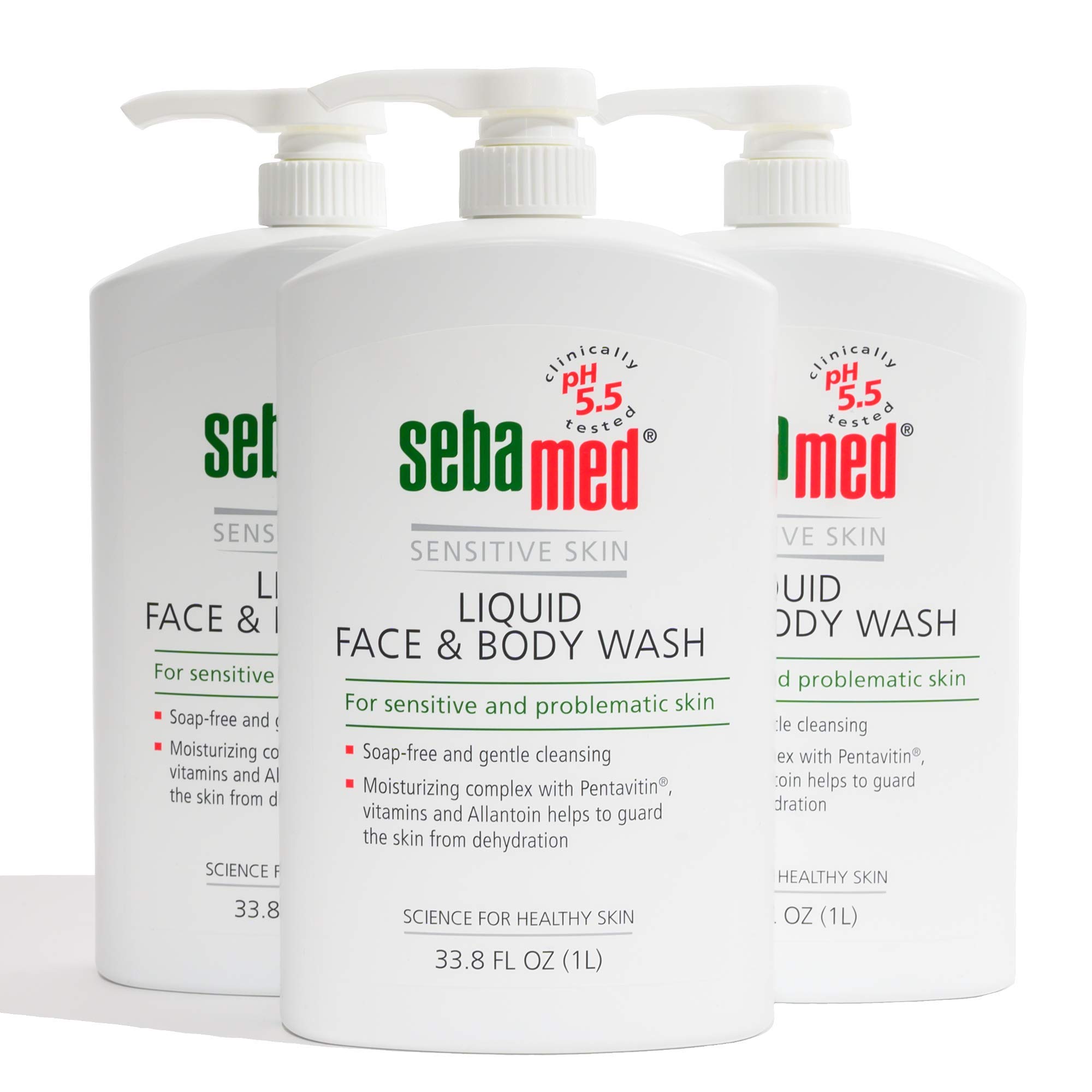 SEBAMED Paraben-Free Face and Body Wash With Pump for Sensitive and Delicate Skin pH 5.5 Ultra Mild Dermatologist Recommended Cleanser 33.8 Fluid Ounces (1 Liter) Pack of 3