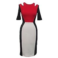 Gabby Skye Women's Round Neck Cut Out Shoulder Elbow Sleeve Color Block Midi Sheath Dress