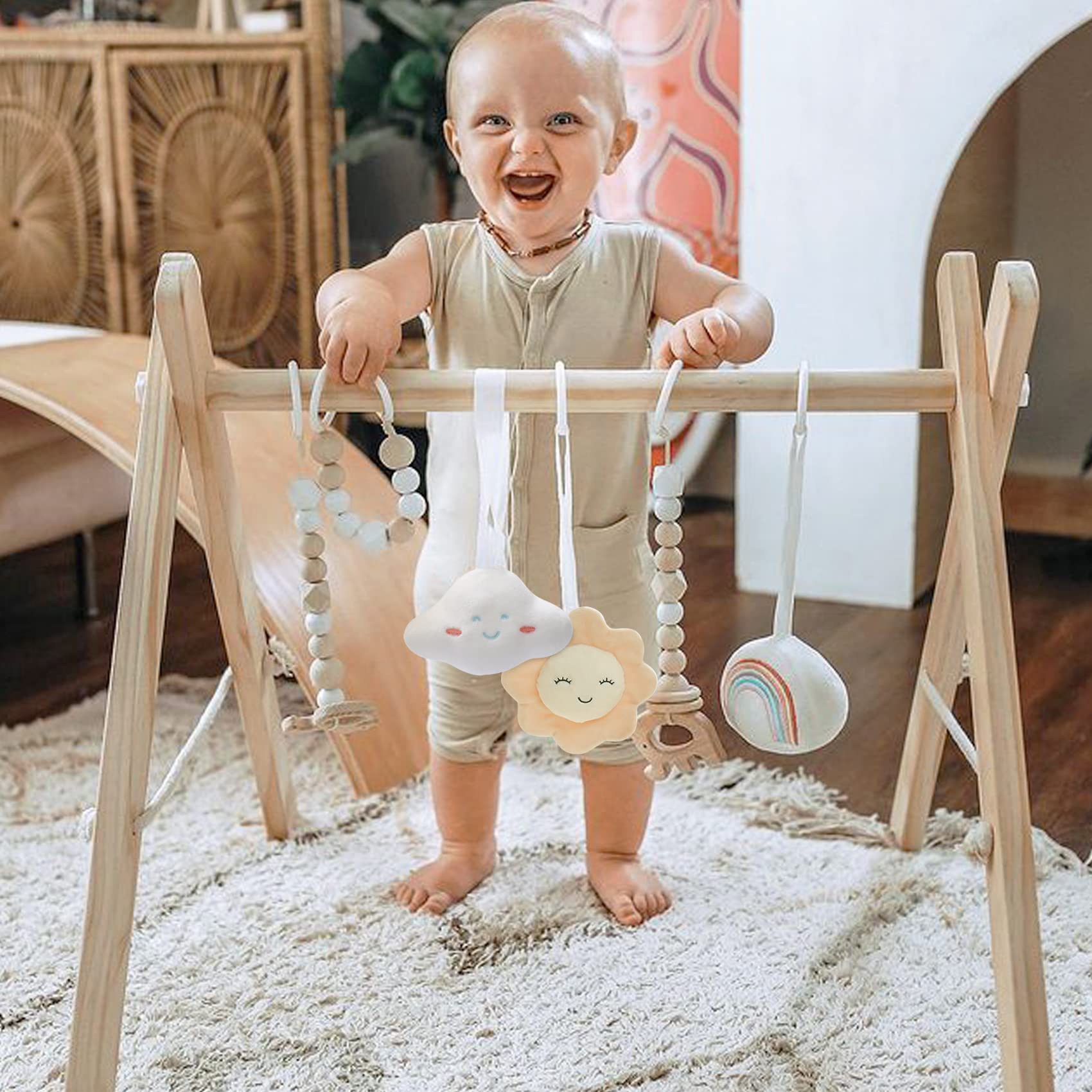Wooden Baby Gym with 6 Wooden Baby Toys Foldable Baby Play Gym Frame Activity Gym Hanging Bar Newborn Gift Baby Girl and Boy Gym