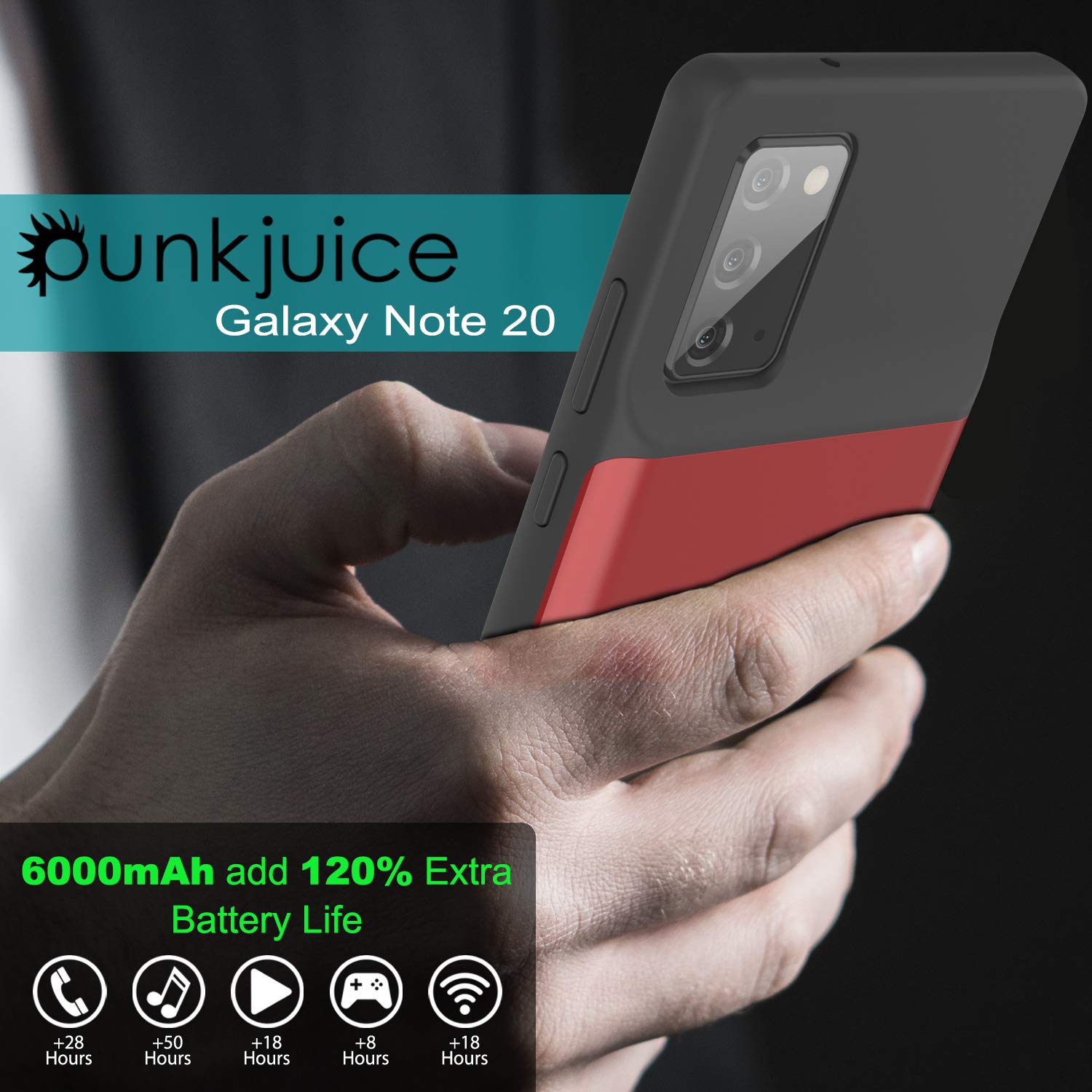PunkJuice Note 20 Portable Charger Case, 6000mAh Extended Power Bank W/Screen Protector | IntelSwitch | Slim, Secure and Reliable Battery Backup for Samsung Galaxy Note20 5G (6.7