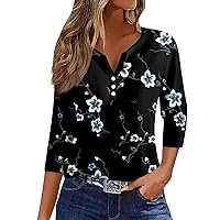Women's Cotton Shirts 3/4 Sleeve Boho Retro Floral Prints Herry Neck Summer Tops T Shirts Loose Fit V Neck Trendy Blouse
