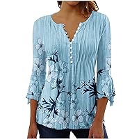 Button Down Shirts for Women Floral Printed Tunic Summer Tops Dressy Casual Bell 3/4 Sleeve V Neck Spring Blouses