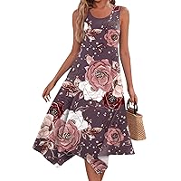 Casual Dresses for Women Summer Summer Dresses for Women 2024 Vintage Floral Print Casual Fashion with Sleeveless Round Neck Flowy Swing Dress Rose Gold Large