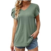 Womens Petal Sleeve Waffle Knit Tunic Tops V Neck Short Sleeve Fashion Blouses Summer Casual Loose Fit Comfy Clasic T-Shirts