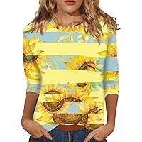 3/4 Sleeve Tops for Women Round Neck Sunflower Printed Tops Comfy Cute Blouses Casual Loose Fit Shirts Trendy Tees