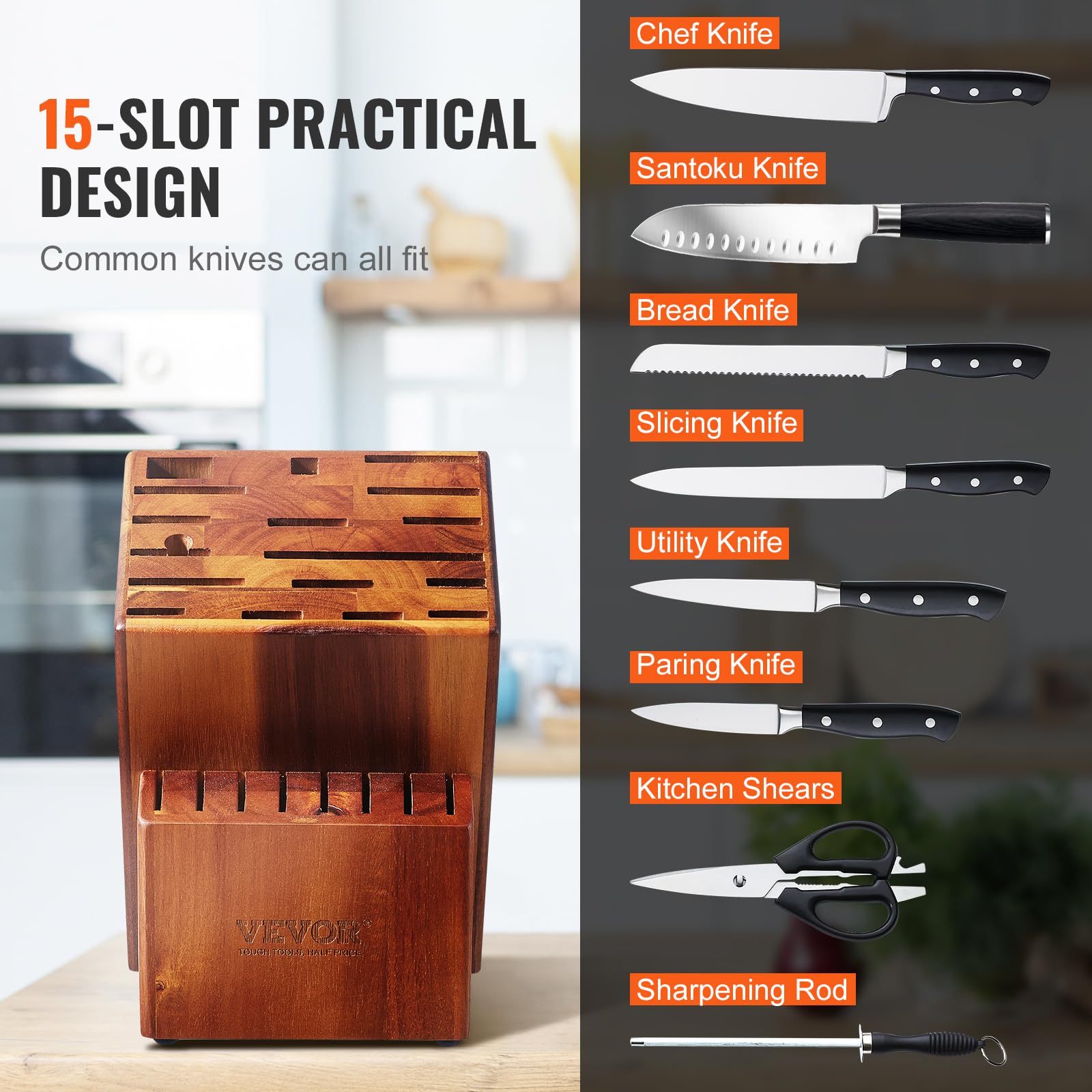 VEVOR Knife Storage Block 15 Slots, Acacia Wood Universal Knife Holders Without Knives, Large Countertop Butcher Block Knife Organizer, Multifunctional Knife Rack Stand for Easy Kitchen Storage