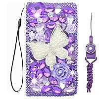Sparkly Wallet Women Phone Case for iPhone 12 / iPhone 12 Pro with Glass Screen Protector,Bling Diamonds Leather Folio Stand Wallet Phone Cover with Lanyards (Pearls Butterfly)