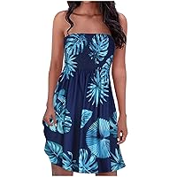 Women Dresses Beach Dresses for Women Sleeveless Strapless Off The Shoulder Flower Hawaiian Ruched Midi Dresses