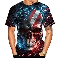 Men's Lightning Skull T-Shirt Patriotic Theme Tee American Flag Graphic Top