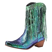 Womens Mid Calf Boot Women Mid Calf Boots Fashionable New Pattern Sequin Decoration Tassel Boots Pointed Thick Heels