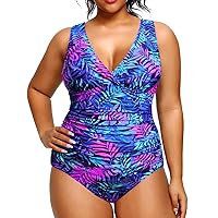 Aqua Eve Women Plus Size One Piece Swimsuits Tummy Control Bathing Suits V Neck Ruched Swimwear