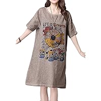 Flygo Womens Ethinic Printed Pullover Loose Mid Long Cotton Linen Shirtdress