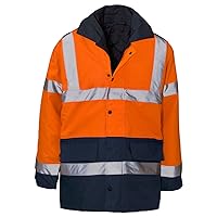 MyShoeStore Hi Vis Viz Parka Jacket High Visibility Workwear Safety Security Concealed Hood Fluorescent Flashing Hooded Padded ¾ Length Waterproof Work Coat Top