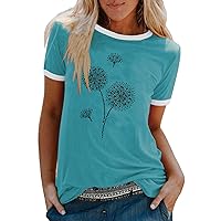 XJYIOEWT T Shirts for Women Trendy Sexy Women Summer Casual O Neck Dandelion Print Short Sleeve Contrasting Colors T Sh