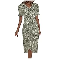 Balloon Sleeve School A-Line Cocktail Lady Easy Mother's Day Stretch Buttons Sundress Women V Neck Polyester Beige S