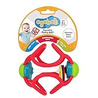 OgoBolli Teether Ring Tactile Sensory Ball and Baby Rattle Toy for Babies & Toddlers - Stretchy, Squishy, Soft, Non-Toxic Silicone - Boys and Girls Age 6+ Months - Red