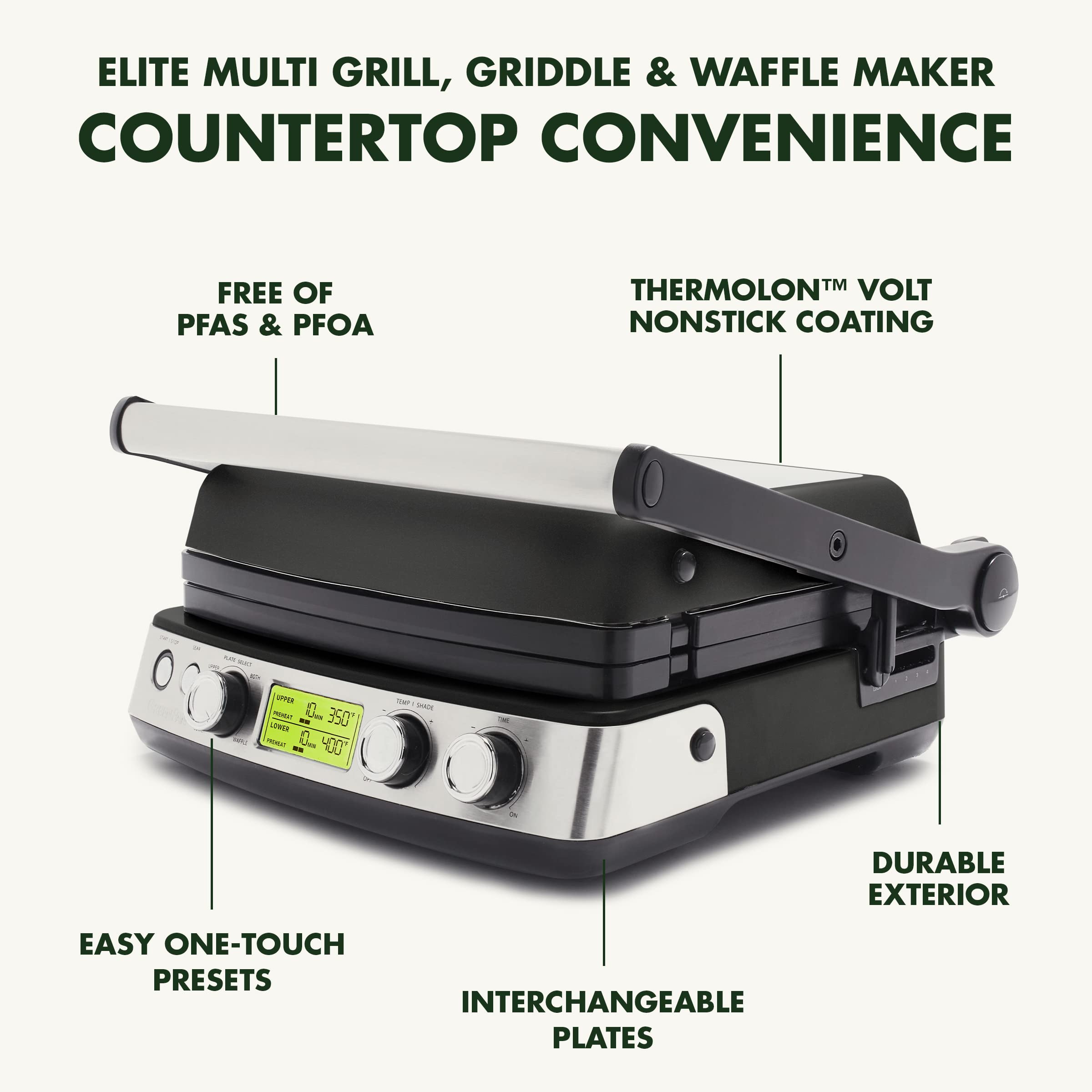 GreenPan Elite 7-in-1 Multi-Function Contact Grill & Griddle, Healthy Ceramic Nonstick Aluminum, Two Sets of Grill & Waffle Plates, Adjustable Shade & Shear, Closed Press/Open Flat Surface, Black