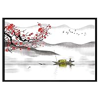 Japanese Traditional Wall Art Asian Decors Oriental Fishing On Lake And Chinese Ink Painting Landscape Framed Canvas Art For Bedroom Livingroom Office