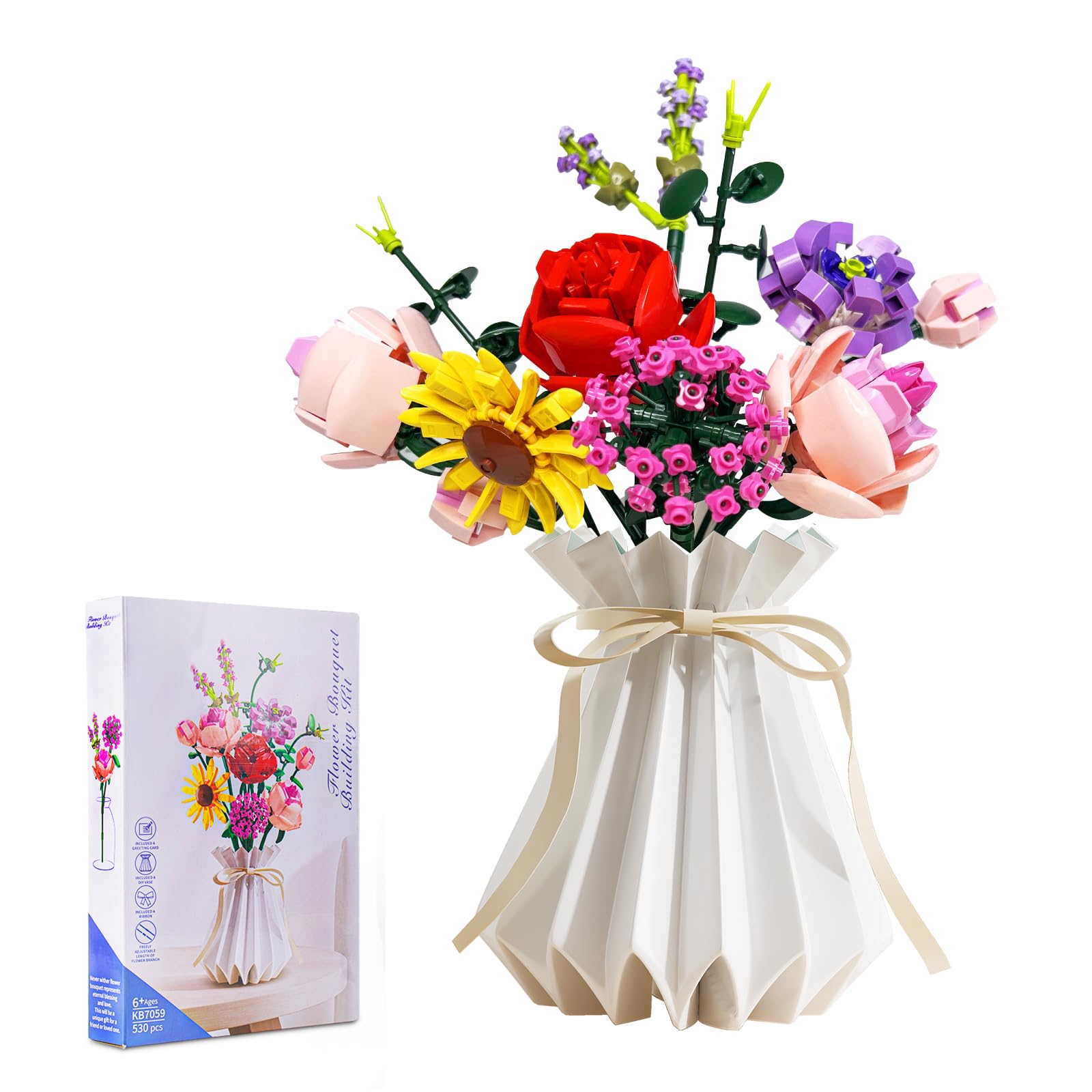 UJYY 2023 Flower Bouquet Building Kit, 11 Artificial Flowers Building Toys, 530 PCS Flower Building Blocks with Vase, Botanical Collection for Home Decoration, Gifts for Women Mother Kids 6+Ages