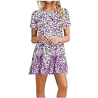 Women's Casual Mini Dress Plus Size Short Sleeve Stretch Swing Flowy T Shirt Stars Printed Basic Tunic Dresses