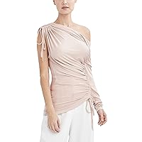 BCBGMAXAZRIA Women's One Long Sleeve Fitted Bodycon Asymmetrical Neck Drawstring Ruched Top