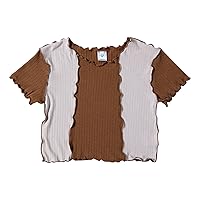 Girls Underwear 6t Girls Colorblock Wood Ear Edge Round Neck Ribbed Knit Short Sleeve Cute Clothes Summer Shirt