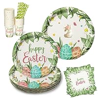 GlowSol 125Pcs Easter Bunny Dinnerware Set, Spring Holiday Party Decorations Paper Plates, Easter Party Supplies Includes Cups, Plates and Napkins, Serve 25