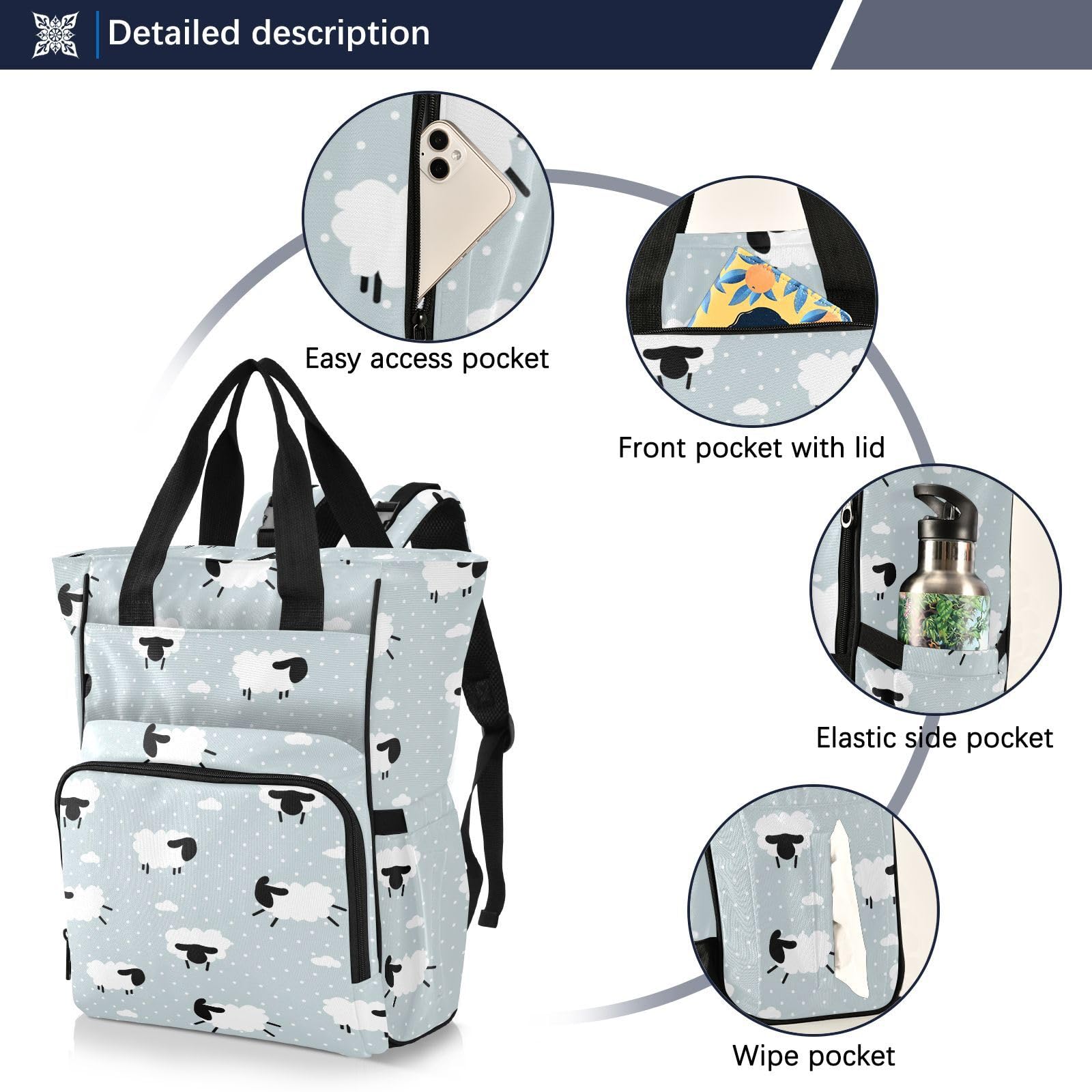 innewgogo Dot Sheep Clouds Diaper Bag Backpack for Baby Boy Girl Large Capacity Baby Changing Totes with Three Pockets Multifunction Travel Baby Bag for Travelling Picnicking