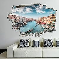 Italy Boats Venice Canal Wall Decal Landscape 3D Break Through Wall Sticker Removable PVC Funny Wall Art Decal Christmas Home Decor Vinyl Mural for Boy Kids Room Living Room