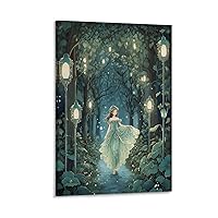Girl in Dress, Forest Path, Fairytale Wonderland Garden, Girls Art Print - Beautiful Magical Design Perfect for Any Little Girl's Dream Bedroom Poster Decorative Painting Canvas Wall Art Living Room P
