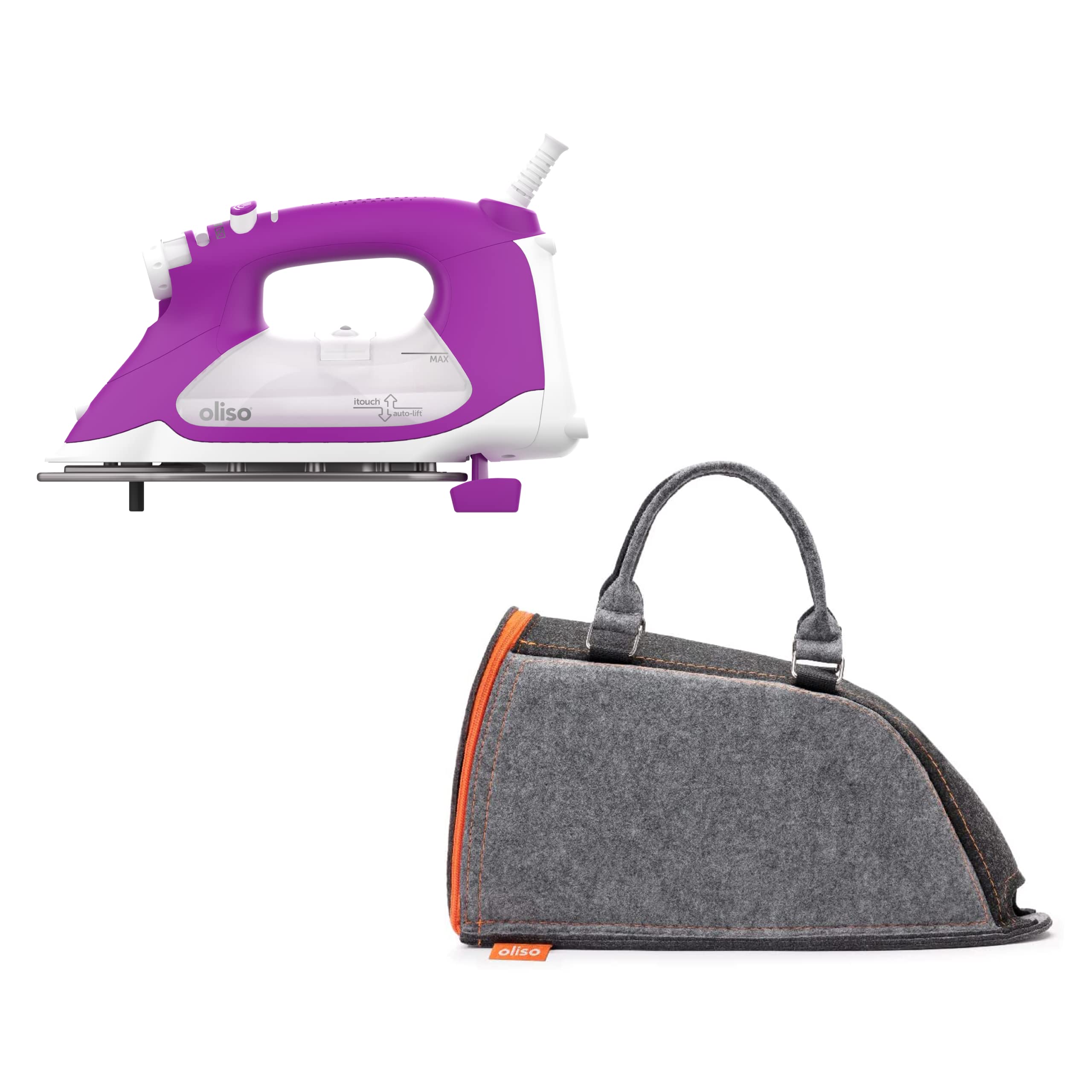Oliso TG1600 Pro Plus 1800 Watt SmartIron with Auto Lift | Diamond Ceramic-Flow Soleplate Steam Iron (Orchid) + Oliso Carry Bag for full-size irons
