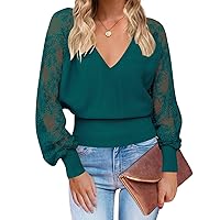 MEROKEETY Women's 2024 V Neck Lace Long Sleeve Ribbed Knit Sweater Solid Color Pullover Tops